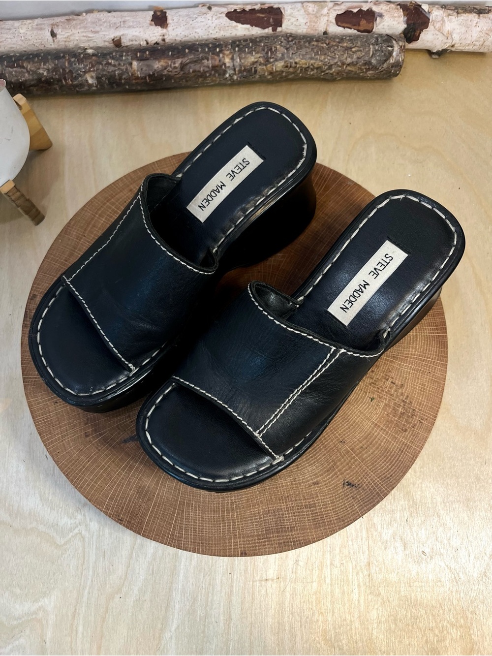 Steve Madden Vintage Ignite Platform Wedge Slides - Black Leather - Size 6.5B - Picture 3 of 16